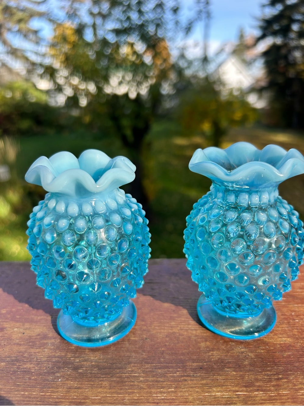 vintage Fenton Blue Opalescent Hobnail ruffled-edge mini vases